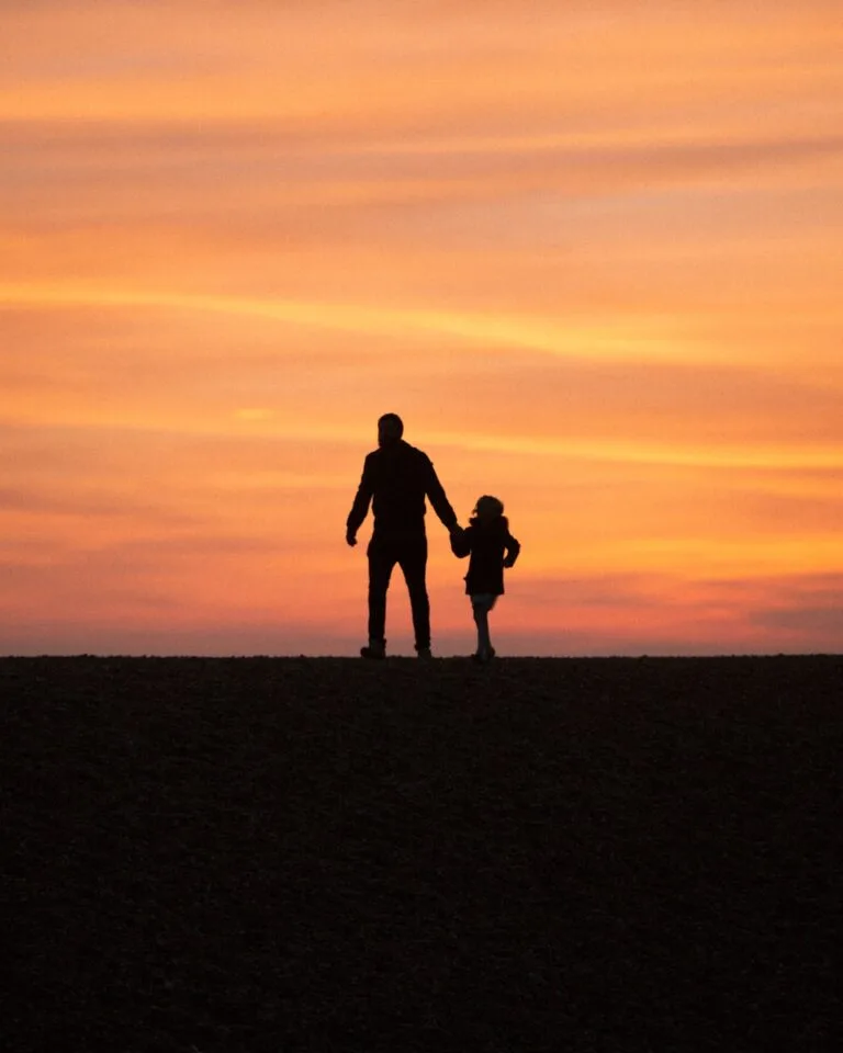 a silhouette of a man and a little girl holding hands